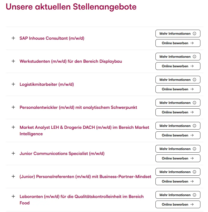 Liste aktueller Stellenangebote: SAP Inhouse Consultant, Werkstudenten für Displaybau, Logistikmitarbeiter, Personalentwickler mit analytischem Schwerpunkt, Market Analyst DACH, Junior Communications Specialist, (Junior) Personalreferenten mit Business-Partner-Mindset, Laboranten für die Qualitätskontrolle im Bereich Food.