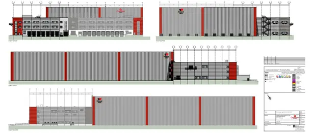 Technische Zeichnung der vier Außenansichten des geplanten Queisser-Logistikzentrums mit Beschriftungen, Farbkennzeichnung und Höhenangaben