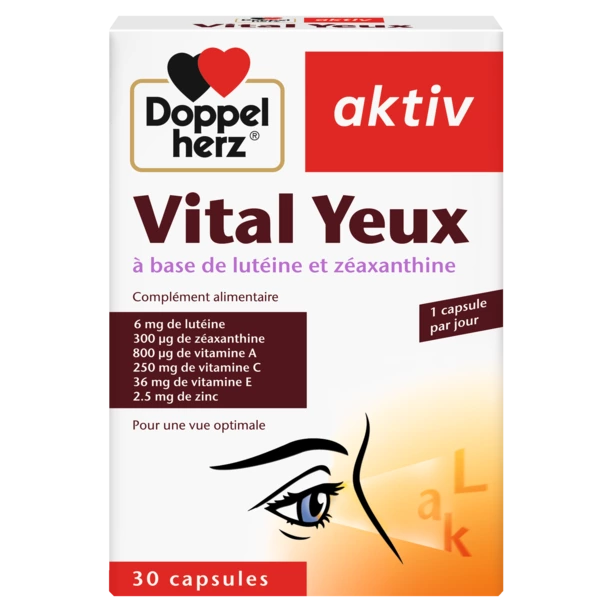 Doppelherz aktiv Vital Yeux Nahrungsergänzungsmittel-Packung. Aufschrift: ‚Vital Yeux – à base de lutéine et zéaxanthine‘ (mit Lutein und Zeaxanthin). Enthält 30 Kapseln für die Unterstützung der Sehkraft mit Lutein, Zeaxanthin, Vitamin A, C, E und Zink. Eine stilisierte Zeichnung eines Auges ist abgebildet.