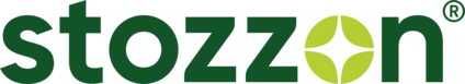 Logo von Stozzon in grüner und gelber Schrift, bestehend aus dem Markennamen und einem stilisierten Symbol, das an ein Blatt oder einen Samen erinnert.