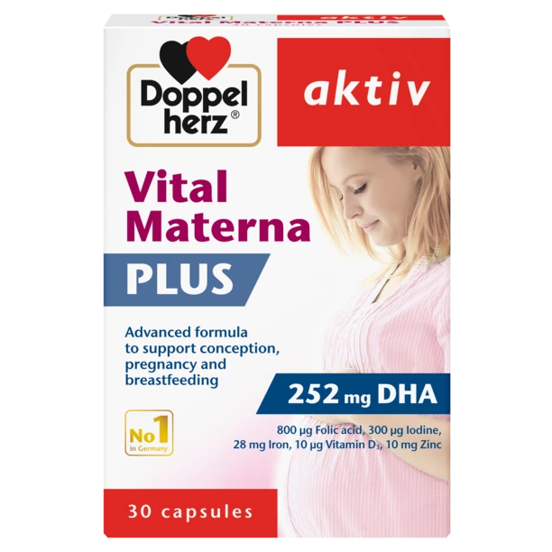 Doppelherz aktiv Vital Materna Plus Packung mit 30 Kapseln. Nahrungsergänzung für Kinderwunsch, Schwangerschaft und Stillzeit mit 252 mg DHA, Folsäure, Jod, Eisen, Vitamin D3 und Zink. Abgebildet ist eine schwangere Frau im Profil.